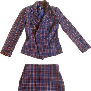 Double-breasted burgundy and navy stitched plaid skirt and blazer set